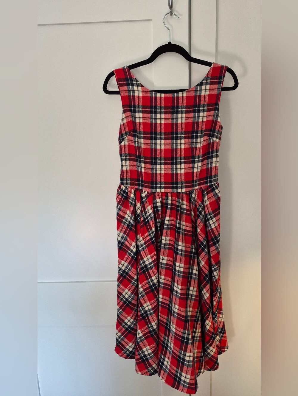 Sleeveless, fit-and-flare red flannel plaid dress